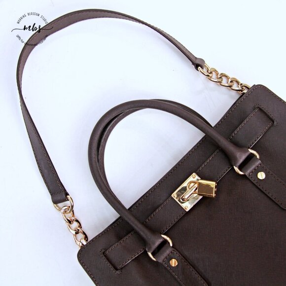 Michael Kors Hamilton Saffiano Chain Leather Brown Gold Shoulder Tote Bag Duster - Picture 8 of 16